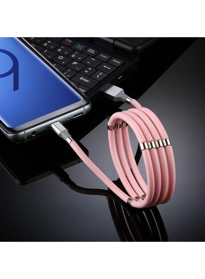 كيبل شحن مغناطيسي USB A الى لايتنينج لنقل الطاقة بسرعة بدون تشابك بتصميم مرن سهل التخزين ملفوف ملفوف موصل متين شحن ثابت متوافق مع ايفون (وردي) - Image 1